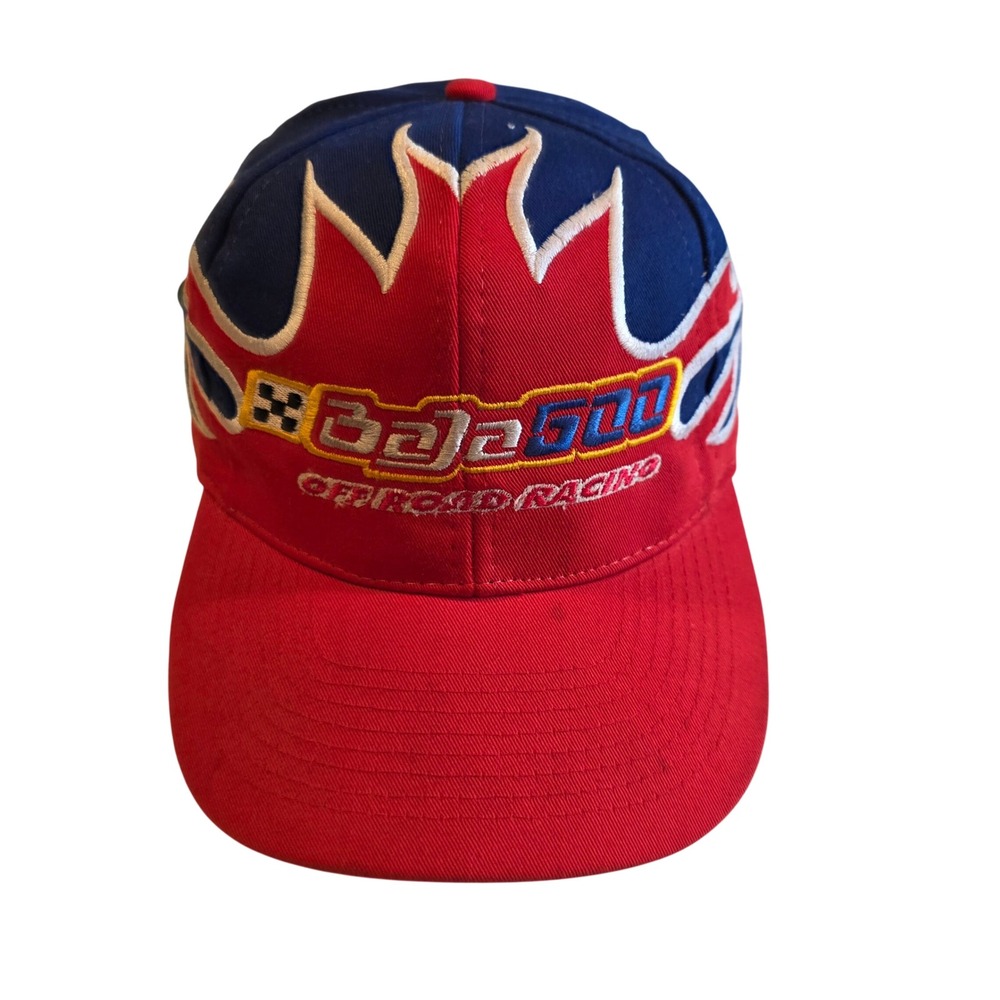 Vintage Baja 500 Flame Hat Red Blue Off Road Racing Nissin Strapback Cap
